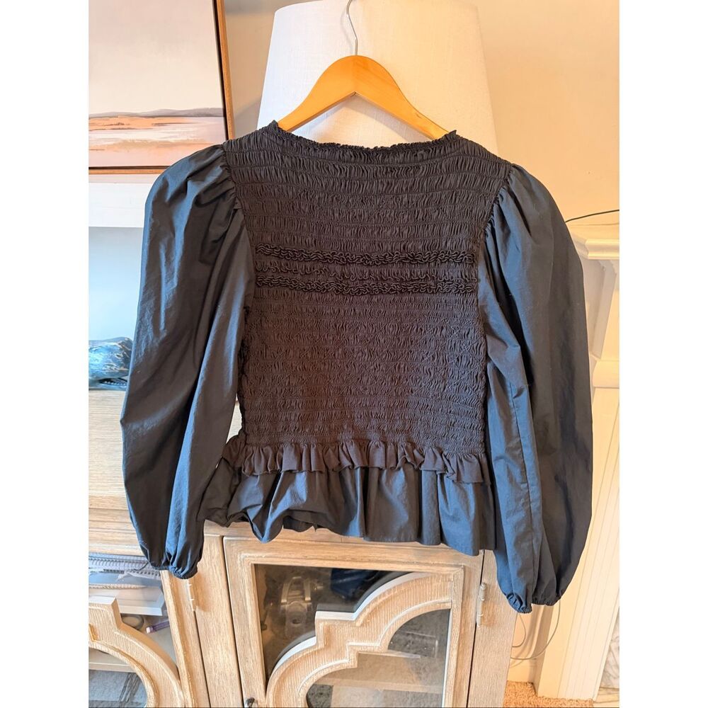Ulla Johnson Amelia smocked‎ cotton-jersey and poplin blouse in black Size 6 - Picture 5 of 8